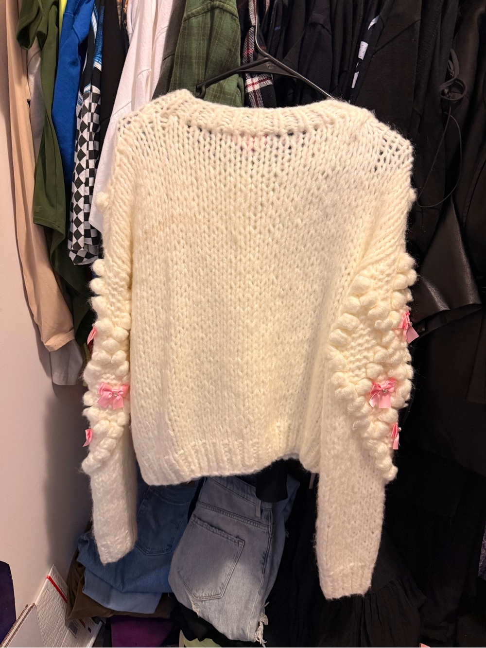Sugar Thrillz Cream Chunky Knit Cardigan with Pink Ribbon Bows - Picture 2 of 5
